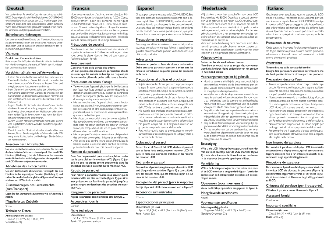 Nikon HL-E5000 specifications Deutsch, Français, Español, Nederlands, Italiano 