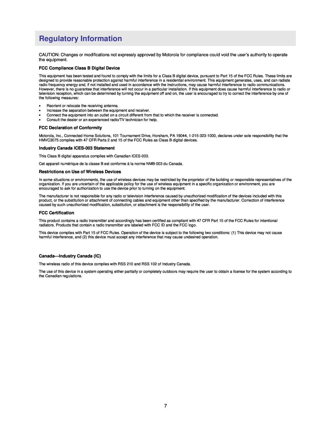 Nikon HMSC7075 manual Regulatory Information, FCC Compliance Class B Digital Device, FCC Declaration of Conformity 