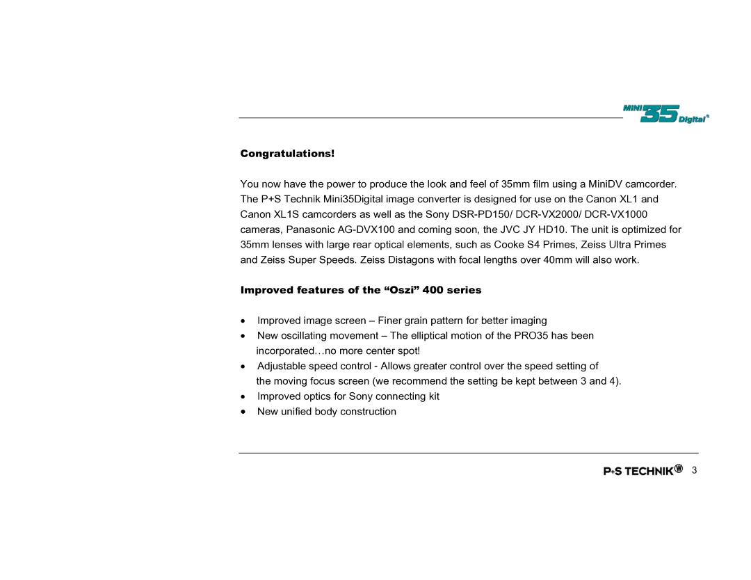 Nikon Image Converter user manual Congratulations, Improved features of the Oszi 400 series 