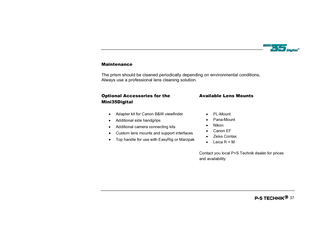 Nikon Image Converter user manual Maintenance, Optional Accessories for, Mini35Digital 