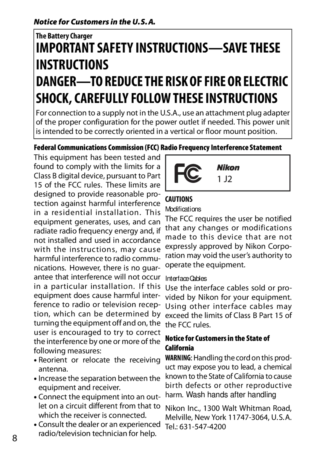 Nikon J2 White, 6MVA3111 01, SB2F01 11 user manual Important Safety INSTRUCTIONS-SAVE These Instructions 