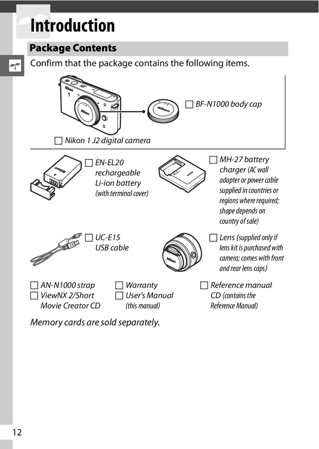 Nikon J2 White, 6MVA3111 01, SB2F01 11 user manual SIntroduction, Package Contents 