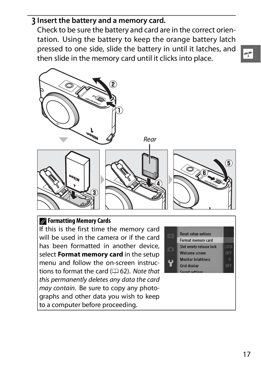 Nikon SB2F01 11, J2 Insert the battery and a memory card, Tation. Using the battery to keep the orange battery latch 