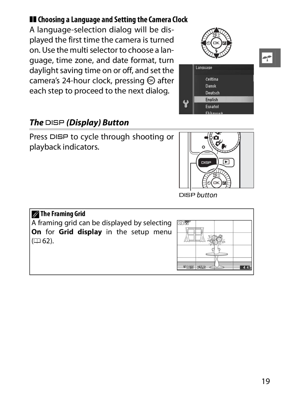 Nikon 6MVA3111 01, J2 White $Display Button, Choosing a Language and Setting the Camera Clock, AThe Framing Grid 