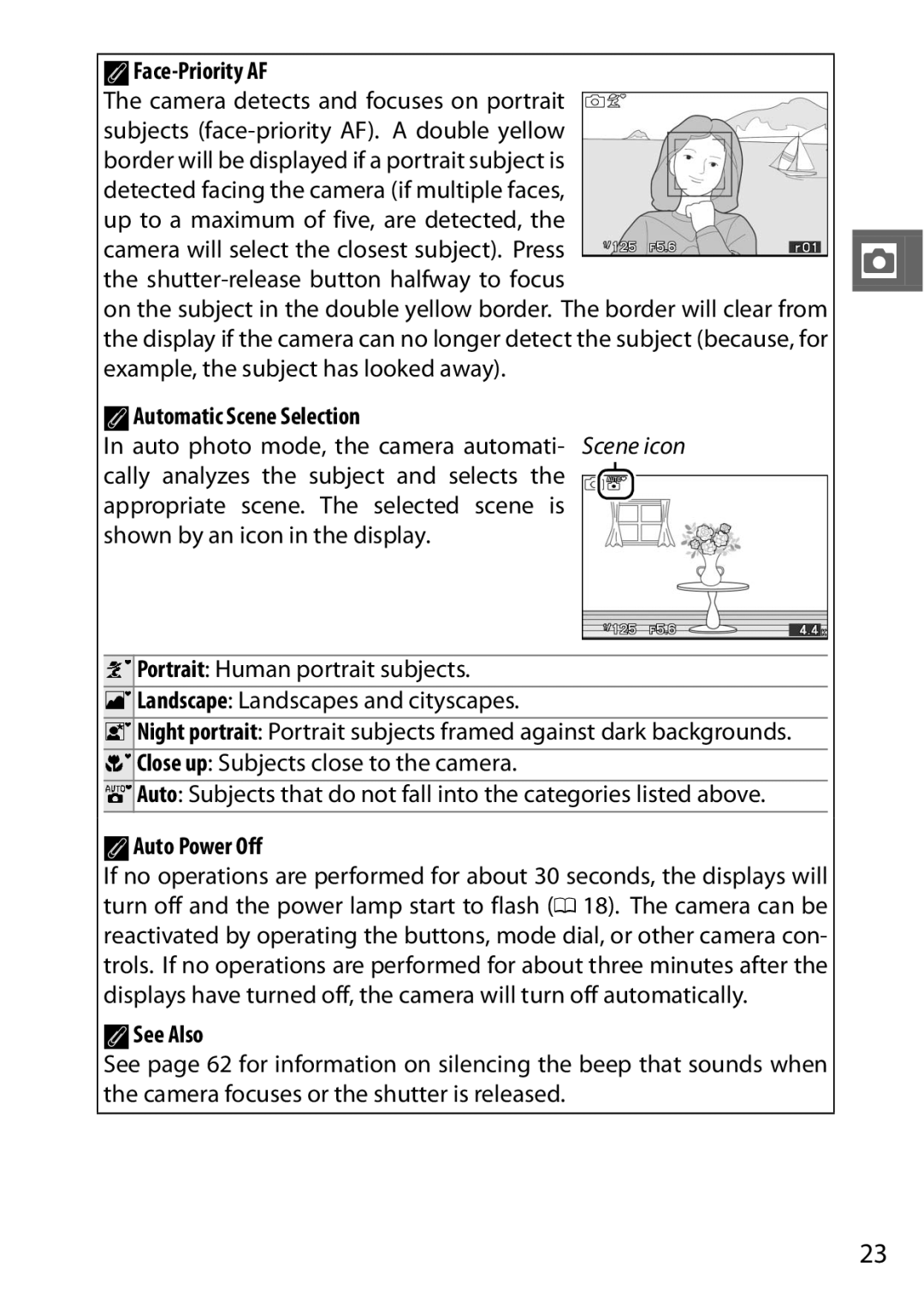 Nikon 6MVA3111 01, J2 White, SB2F01 11 Face-Priority AF, AAutomatic Scene Selection, AAuto Power Off, ASee Also 