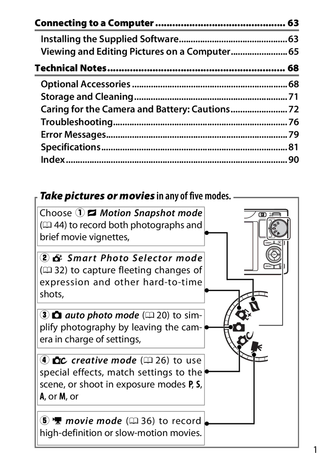 Nikon SB2F01 11, J2, 6MVA3111 01 Take pictures or movies in any of five modes, Connecting to a Computer, Technical Notes 