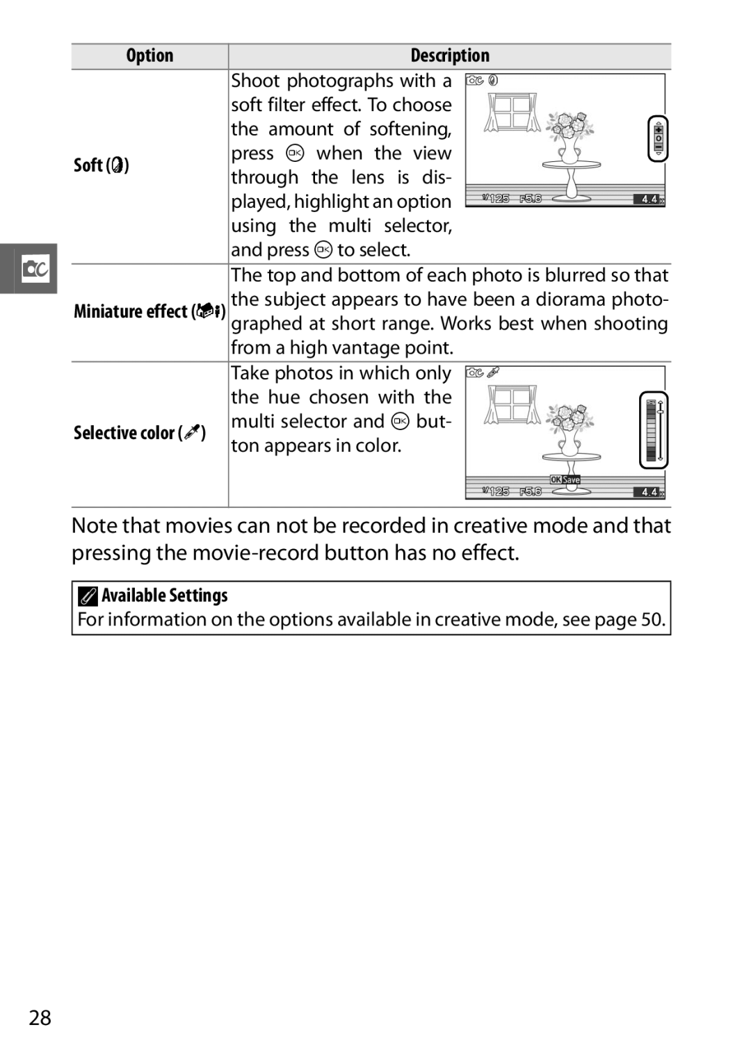 Nikon J2 White, 6MVA3111 01, SB2F01 11 user manual Top and bottom of each photo is blurred so that, AAvailable Settings 