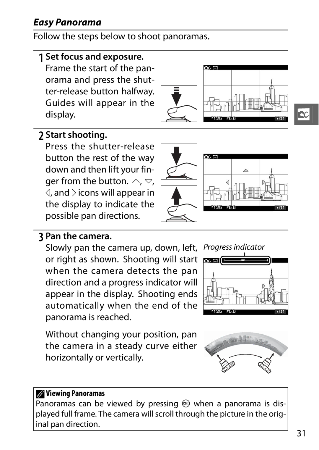 Nikon 6MVA3111 01, J2 Easy Panorama, Follow the steps below to shoot panoramas, Set focus and exposure, Start shooting 