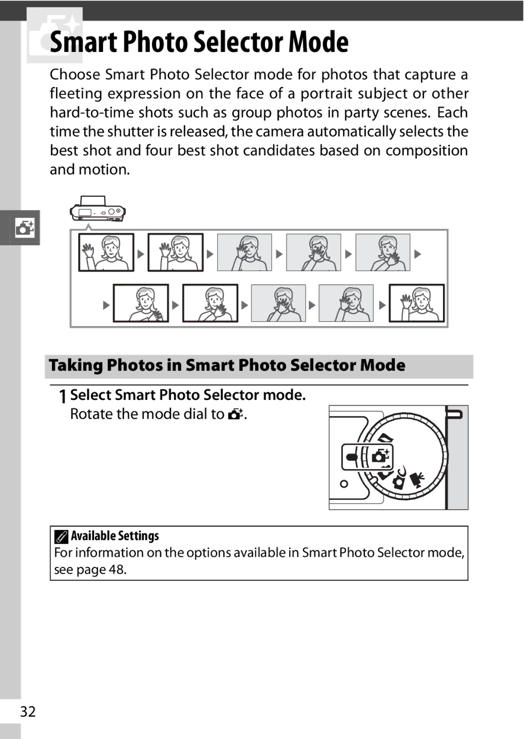 Nikon J2 White 8Smart Photo Selector Mode, Taking Photos in Smart Photo Selector Mode, Select Smart Photo Selector mode 