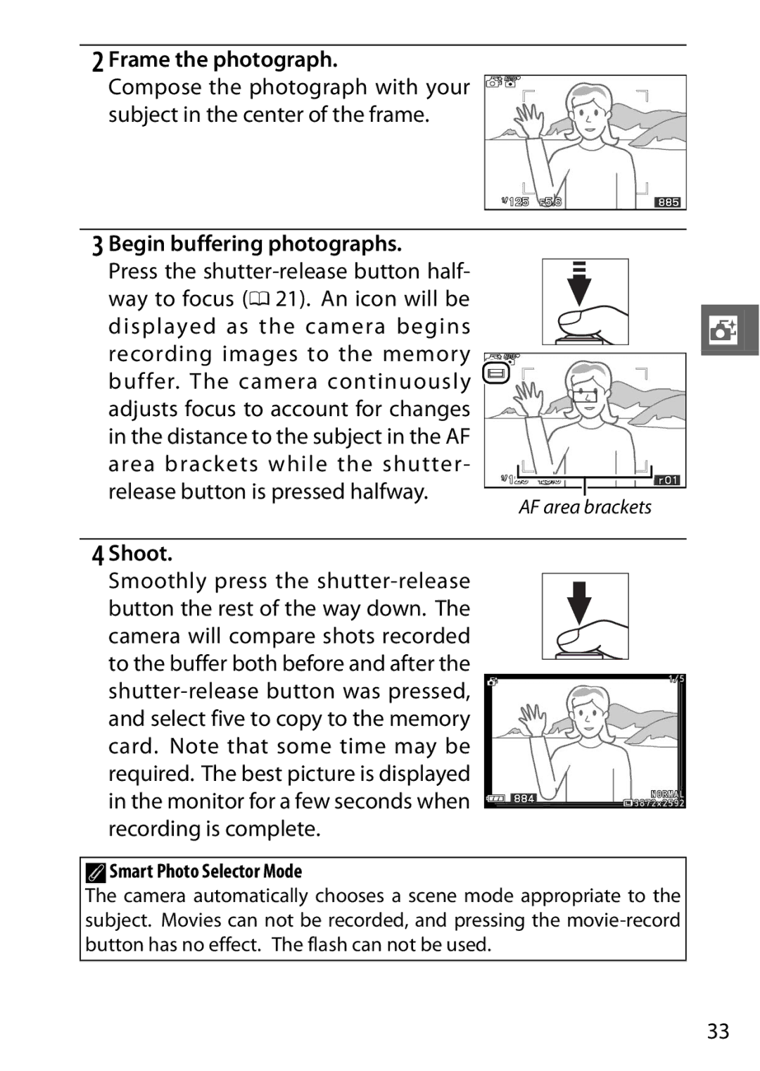 Nikon SB2F01 11, J2 Begin buffering photographs, Press the shutter-release button half, ASmart Photo Selector Mode 