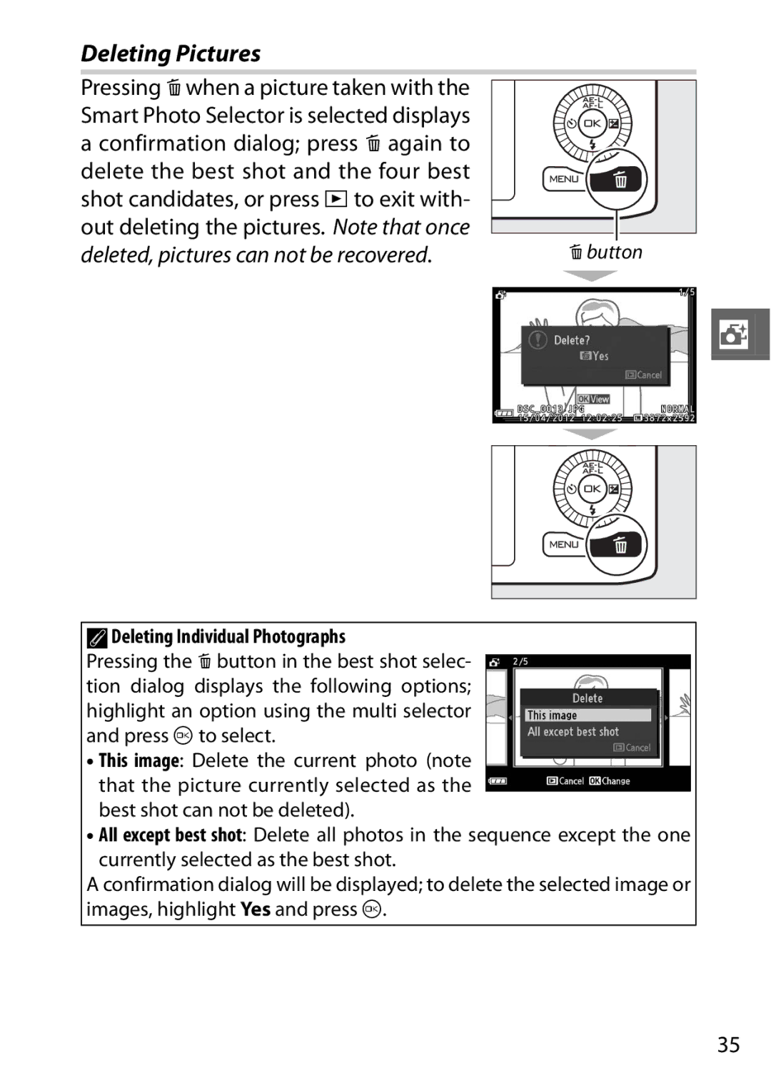 Nikon 6MVA3111 01, J2 White, SB2F01 11 user manual Deleting Pictures, ADeleting Individual Photographs 