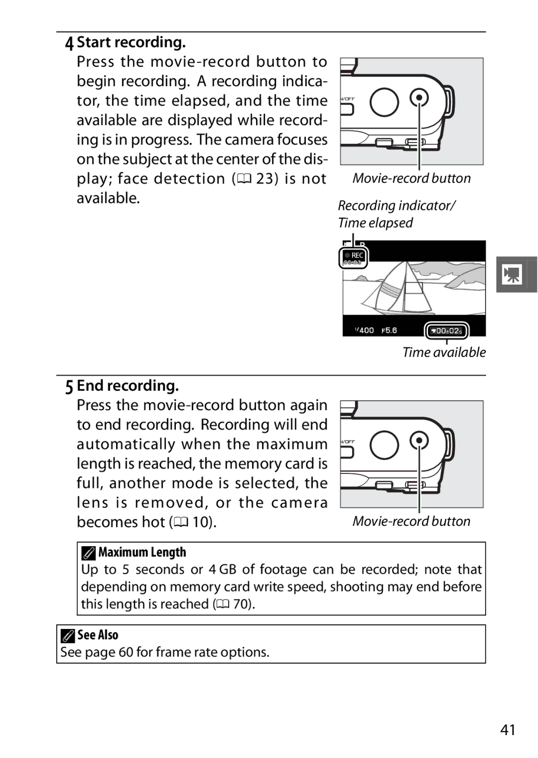 Nikon SB2F01 11, 6MVA3111 01, J2 White user manual Start recording, See page 60 for frame rate options 