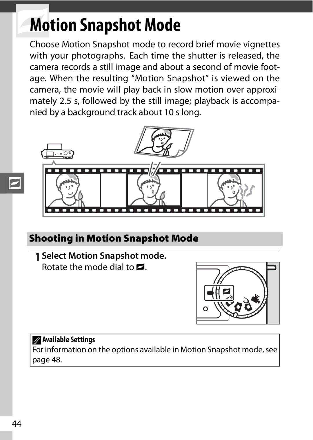 Nikon J2 White, 6MVA3111 01, SB2F01 11 9Motion Snapshot Mode, Shooting in Motion Snapshot Mode, Select Motion Snapshot mode 