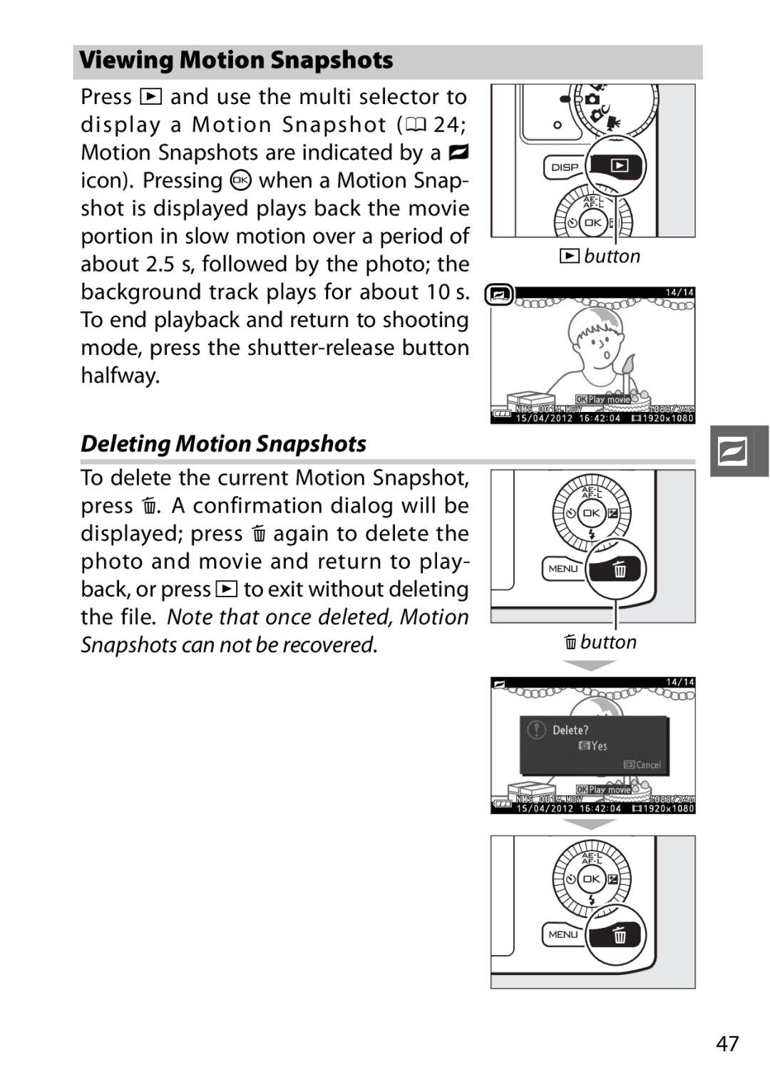 Nikon 6MVA3111 01, J2 White Viewing Motion Snapshots, Deleting Motion Snapshots, To delete the current Motion Snapshot 