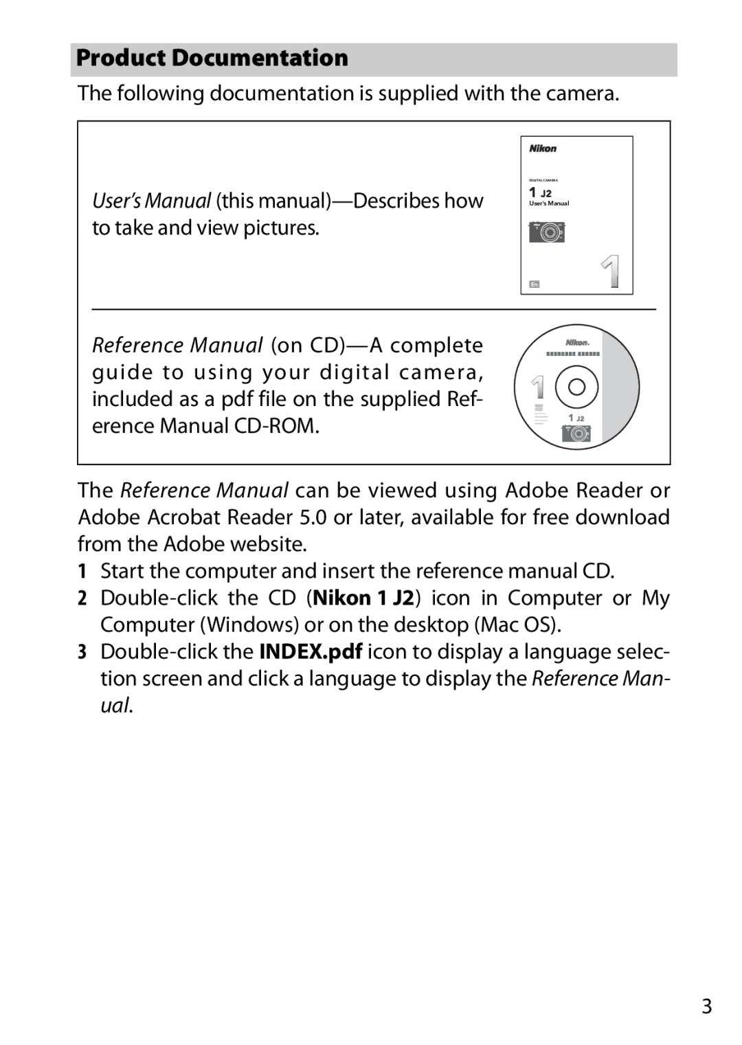 Nikon 6MVA3111 01, J2 White, SB2F01 11 Product Documentation, Following documentation is supplied with the camera 