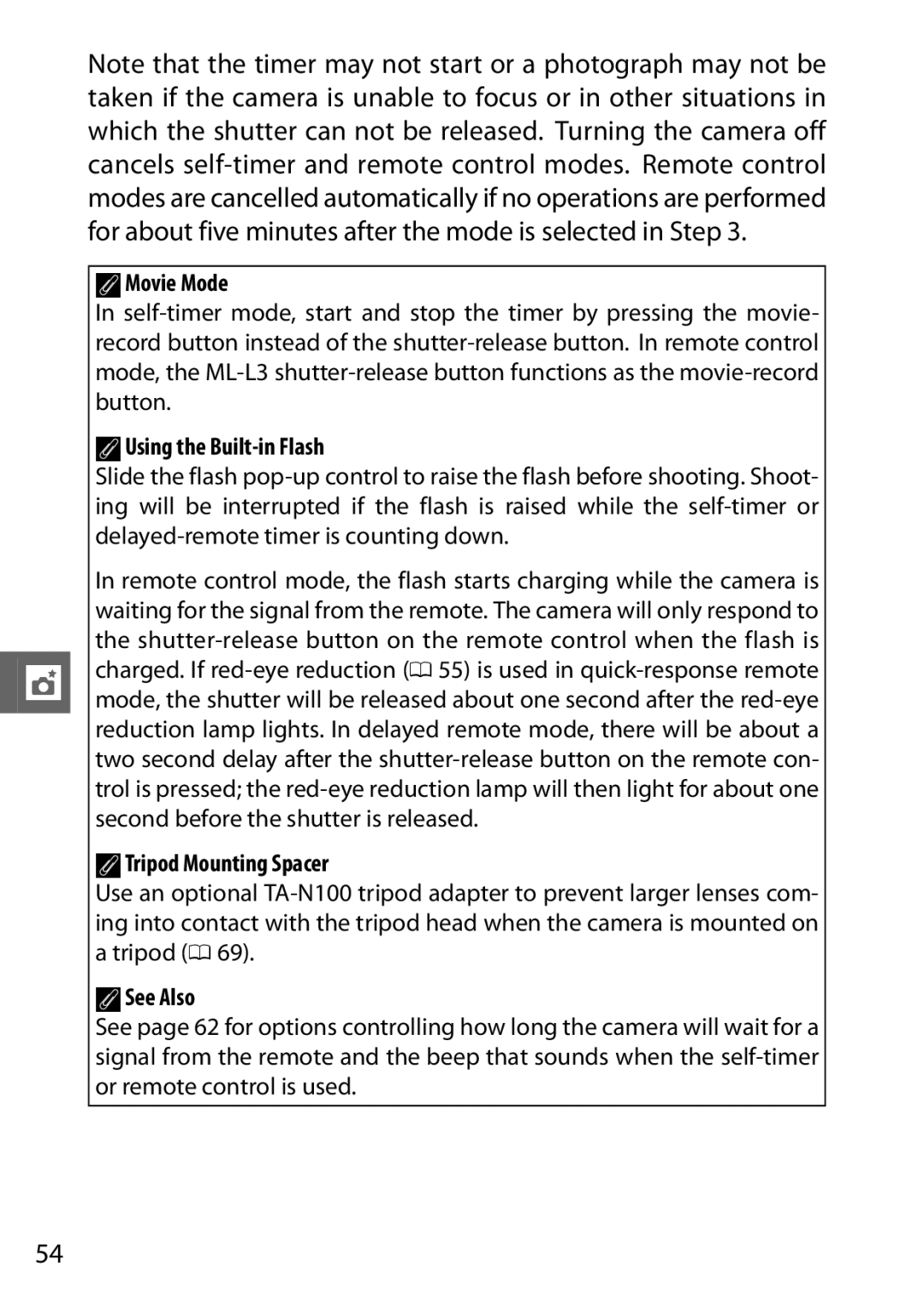 Nikon 6MVA3111 01, J2 White, SB2F01 11 user manual AMovie Mode, AUsing the Built-in Flash, ATripod Mounting Spacer 