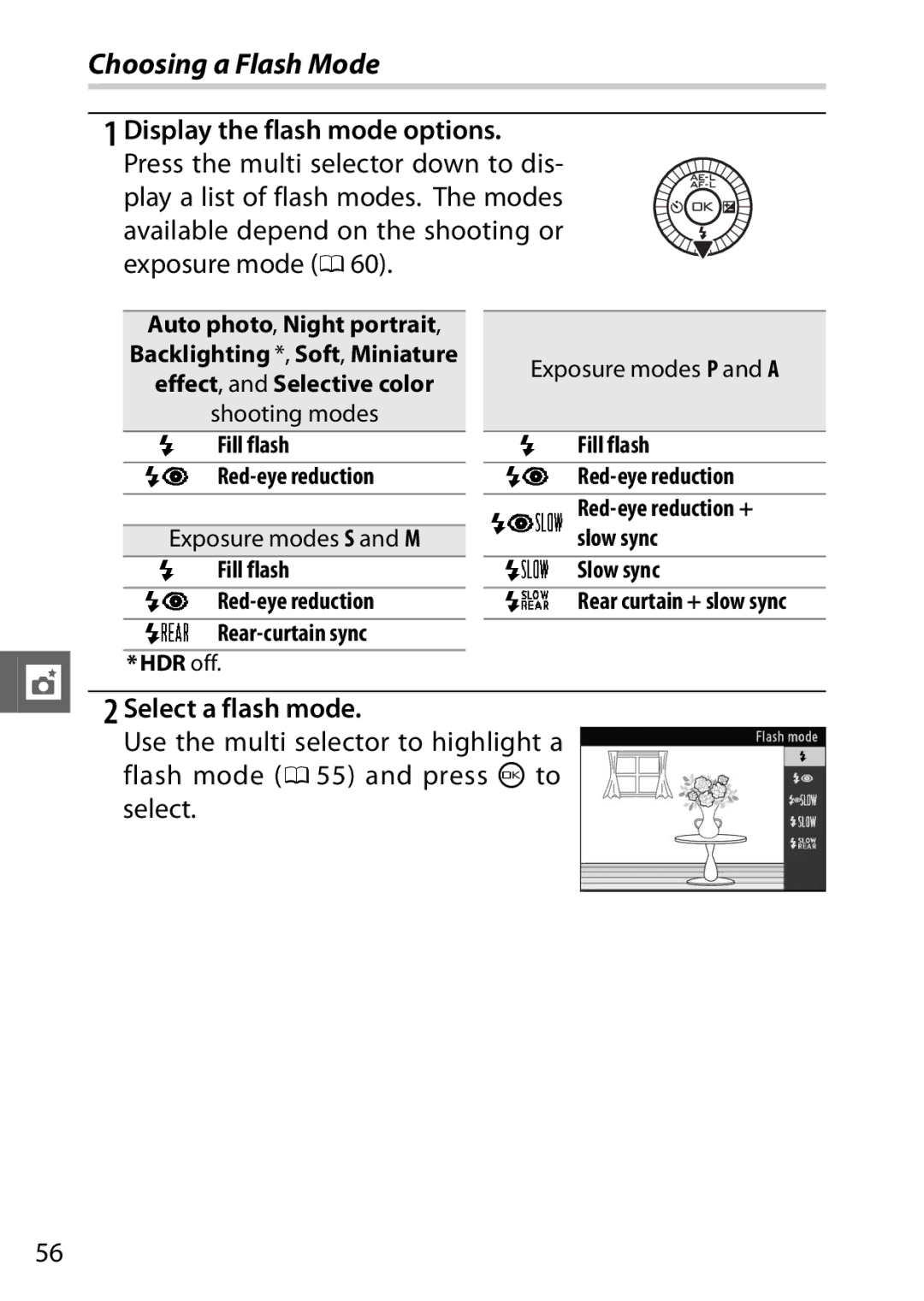 Nikon J2 White, 6MVA3111 01 Choosing a Flash Mode, Display the flash mode options, Fill flash NY Red-eye reduction 