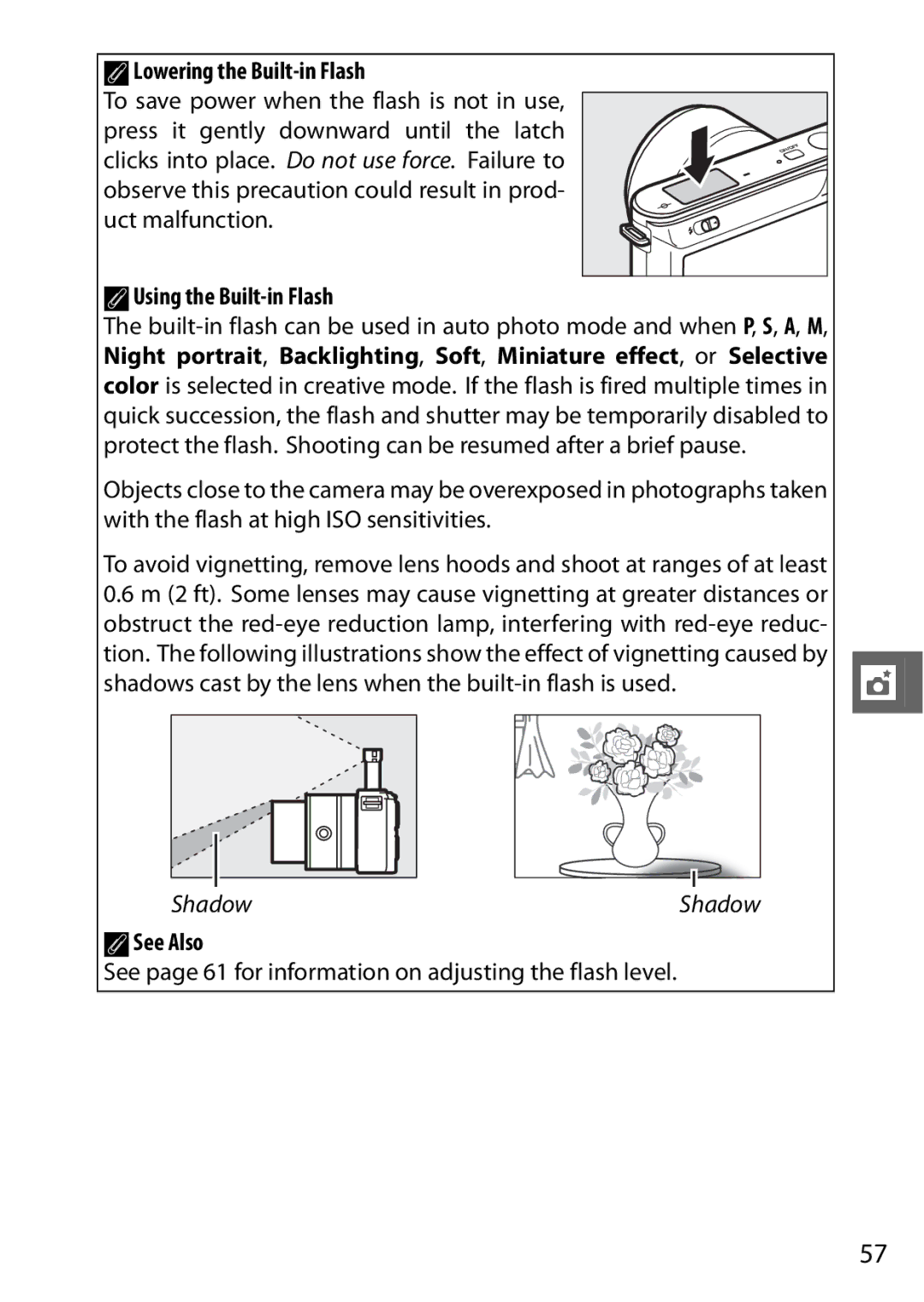 Nikon SB2F01 11, 6MVA3111 01, J2 White ALowering the Built-in Flash, To save power when the flash is not in use 