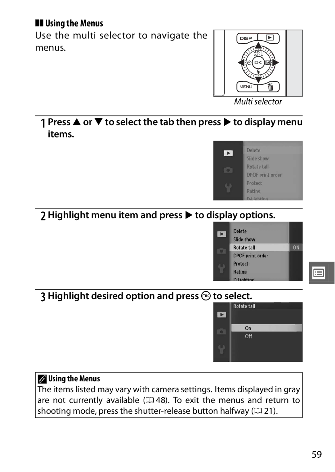 Nikon 6MVA3111 01, J2 White, SB2F01 11 user manual Use the multi selector to navigate the menus, AUsing the Menus 