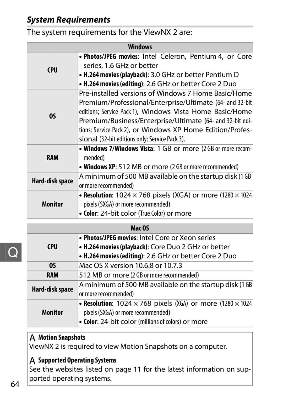 Nikon J2 White, 6MVA3111 01, SB2F01 11 user manual System Requirements, System requirements for the ViewNX 2 are 