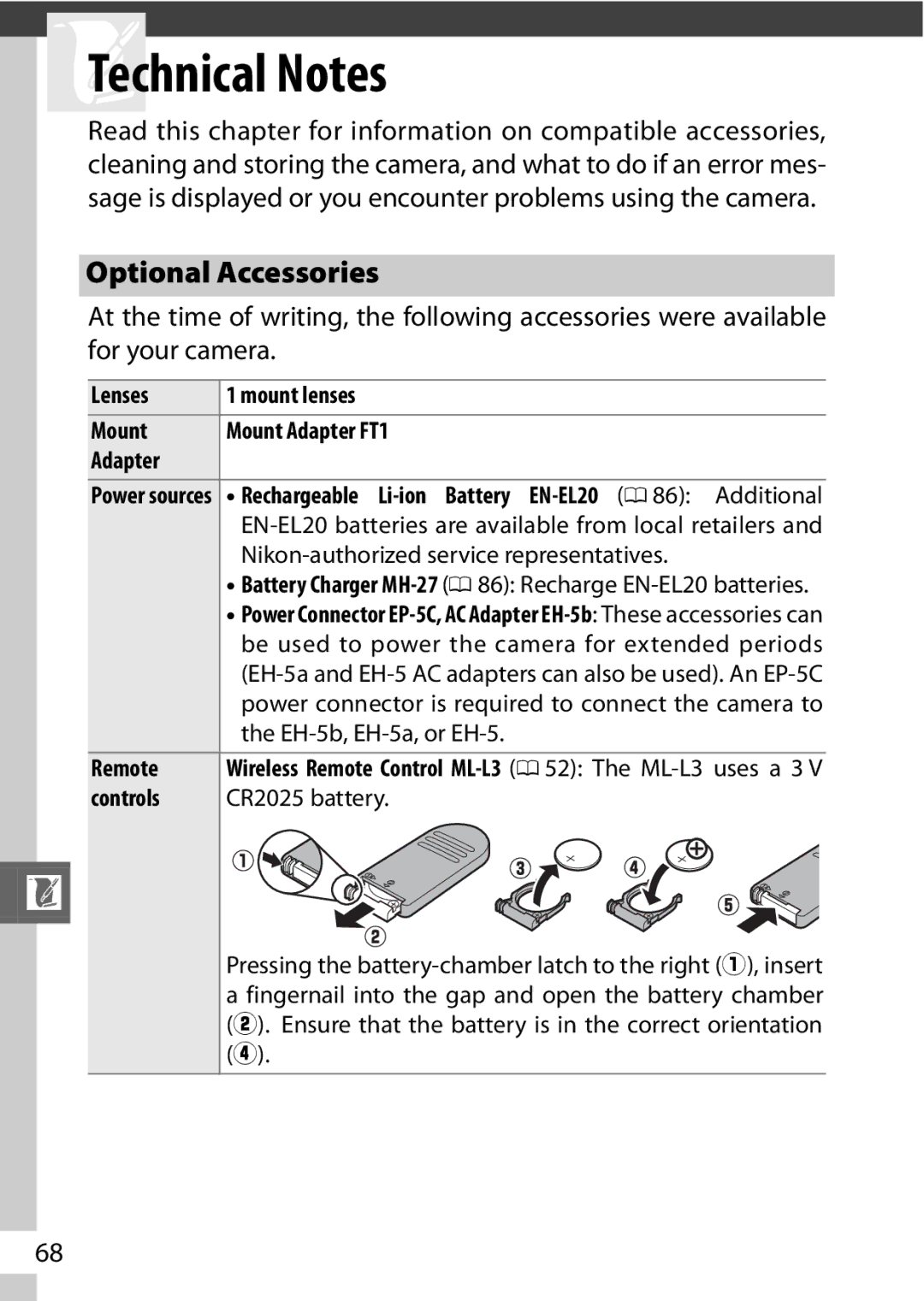 Nikon J2 White NTechnical Notes, Optional Accessories, Lenses Mount lenses Mount Adapter FT1, Controls, CR2025 battery 