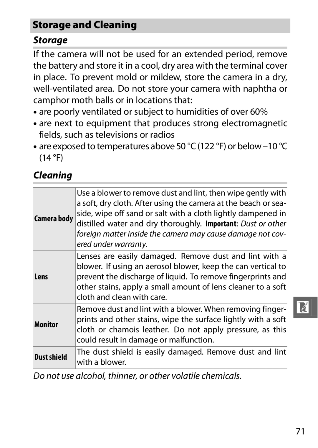 Nikon 6MVA3111 01, J2 White, SB2F01 11 user manual Storage and Cleaning, Lens, Monitor 