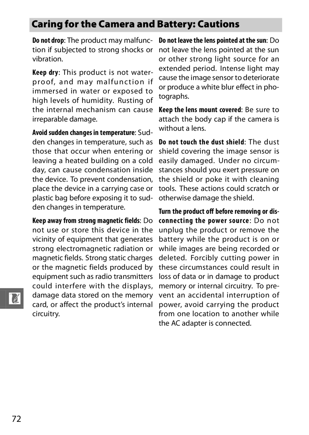 Nikon J2 White, 6MVA3111 01, SB2F01 11 user manual Caring for the Camera and Battery Cautions 