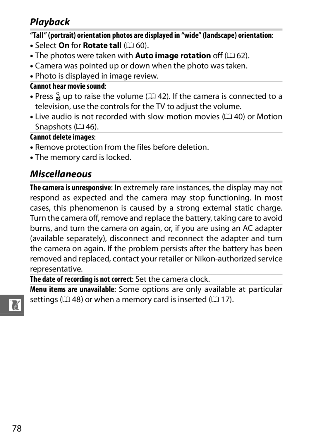 Nikon 6MVA3111 01, J2 White, SB2F01 11 user manual Playback, Miscellaneous, Cannot hear movie sound, Cannot delete images 