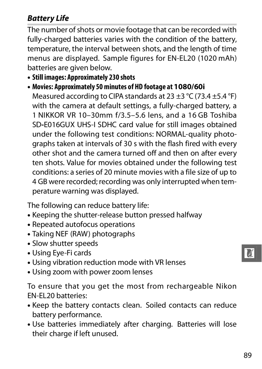 Nikon SB2F01 11, 6MVA3111 01, J2 White user manual Battery Life, Still images Approximately 230 shots 