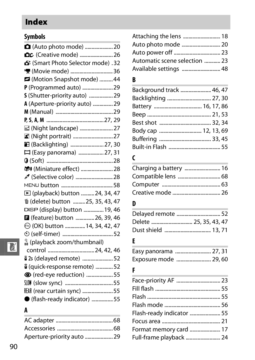 Nikon 6MVA3111 01, J2 White, SB2F01 11 user manual Index, Symbols 