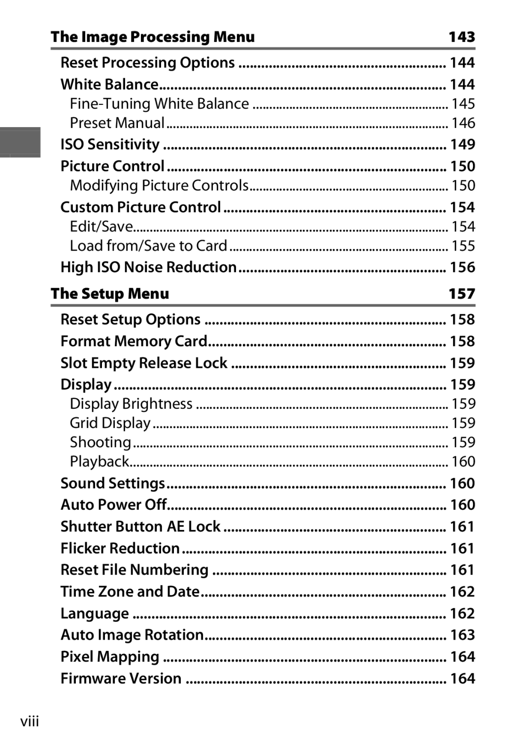 Nikon 27637, J3 White, 27658, 27649, 27638 manual Image Processing Menu, Setup Menu, Viii 