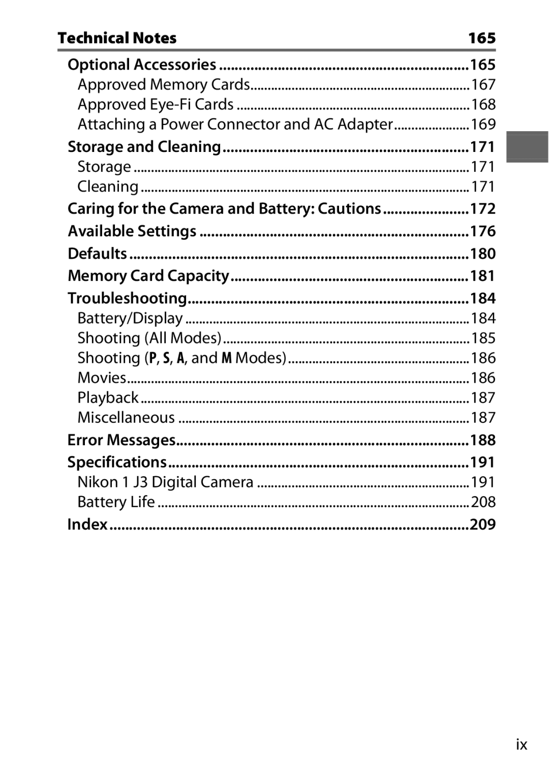 Nikon J3 White, 27658, 27649, 27638, 27637 manual Technical Notes 165, 171, 172, 176, 180, 181, 184, 188, 191, 209 