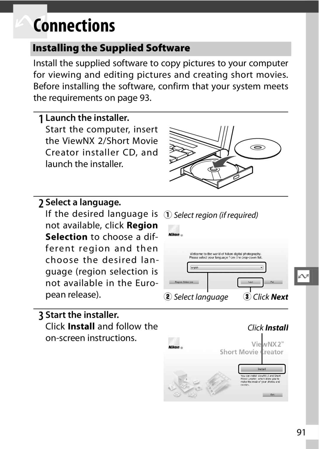 Nikon 27638, 27658 Installing the Supplied Software, Launch the installer, Select a language, If the desired language is 