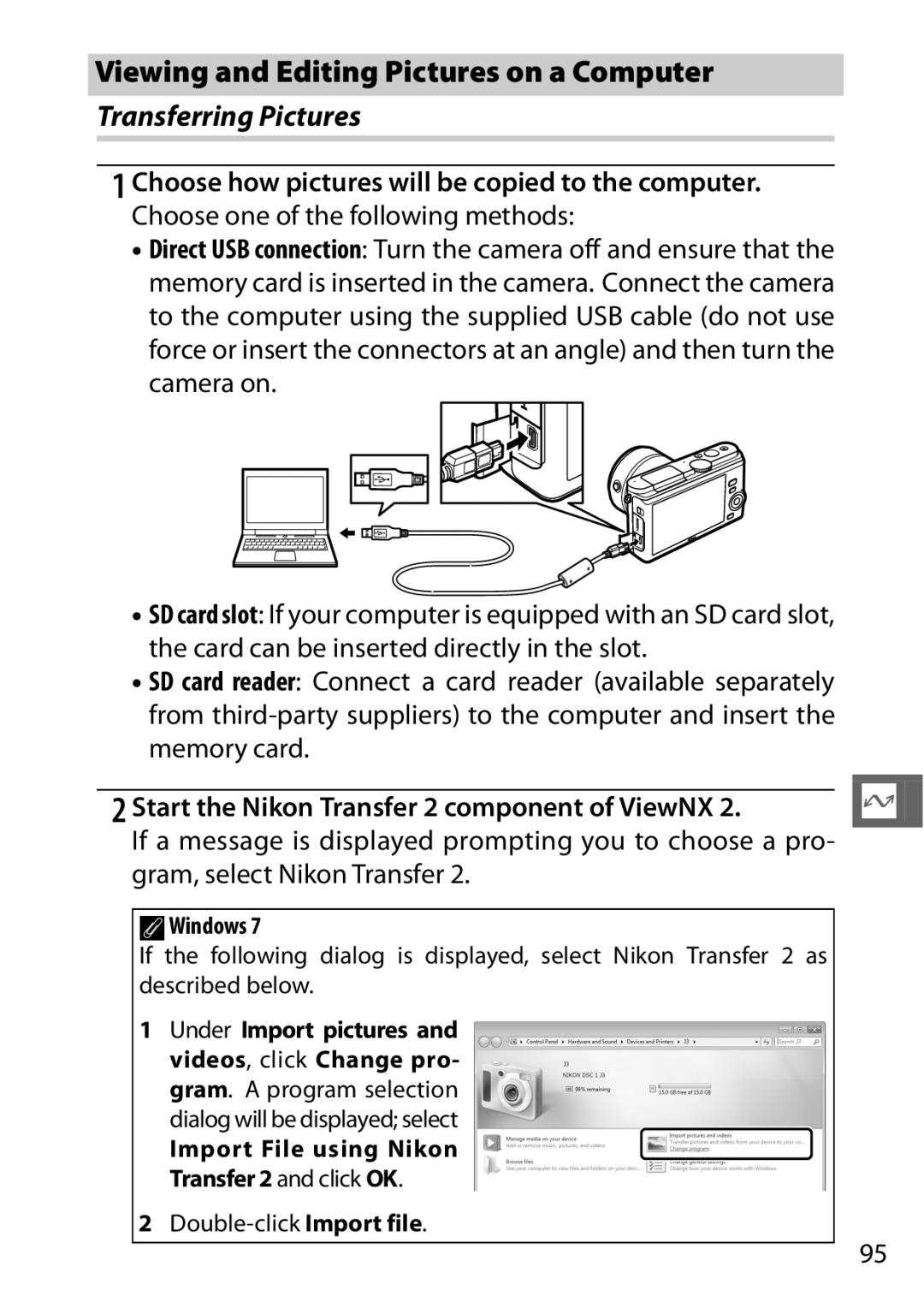 Nikon 27658, J3 White, 27649, 27638, 27637 manual Viewing and Editing Pictures on a Computer, Transferring Pictures 