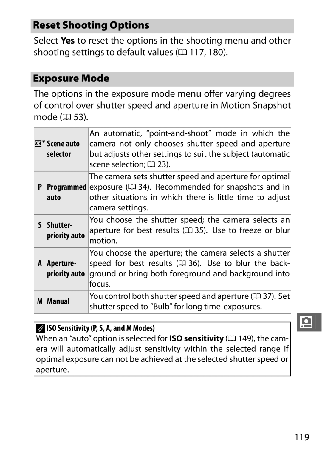 Nikon 27658, J3 White, 27649, 27638, 27637 manual Reset Shooting Options, Exposure Mode, 119 