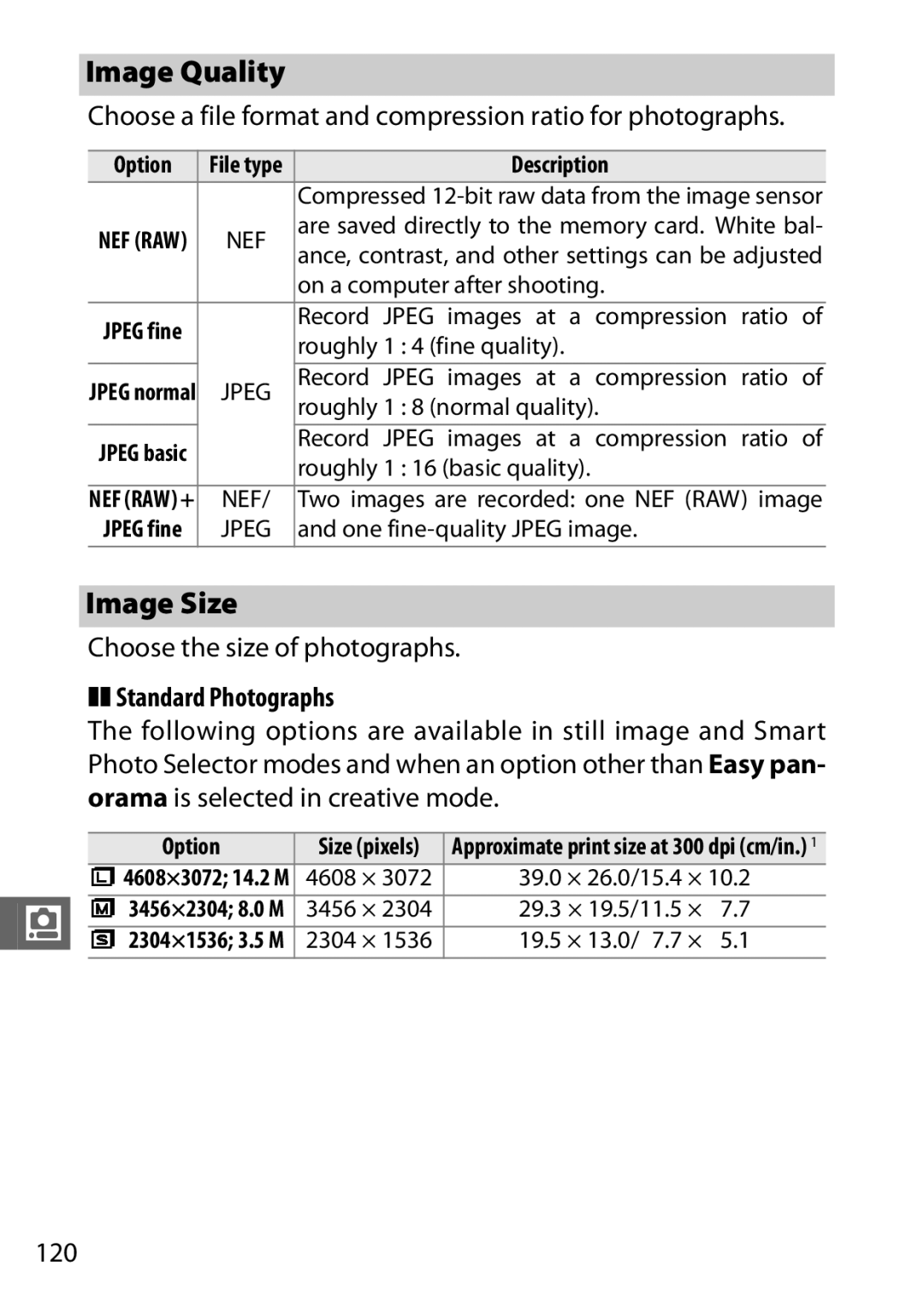 Nikon 27649, J3 White, 27658, 27638, 27637 manual Image Quality, Image Size, Standard Photographs 