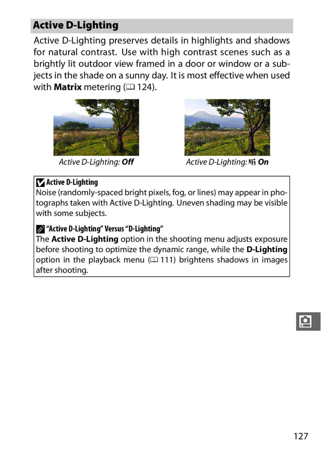 Nikon 27638, J3 White, 27658, 27649, 27637 manual 127, Active D-Lighting Versus D-Lighting 