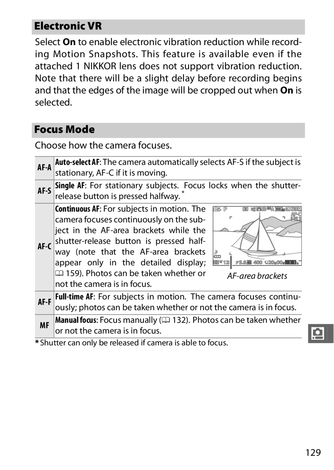 Nikon J3 White, 27658, 27649, 27638, 27637 manual Electronic VR, Focus Mode, Choose how the camera focuses, 129 