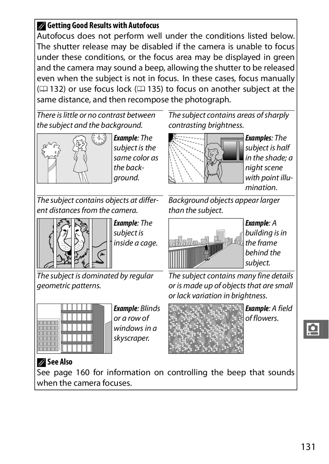 Nikon 27658, J3 White, 27649, 27638, 27637 manual 131, AGetting Good Results with Autofocus 