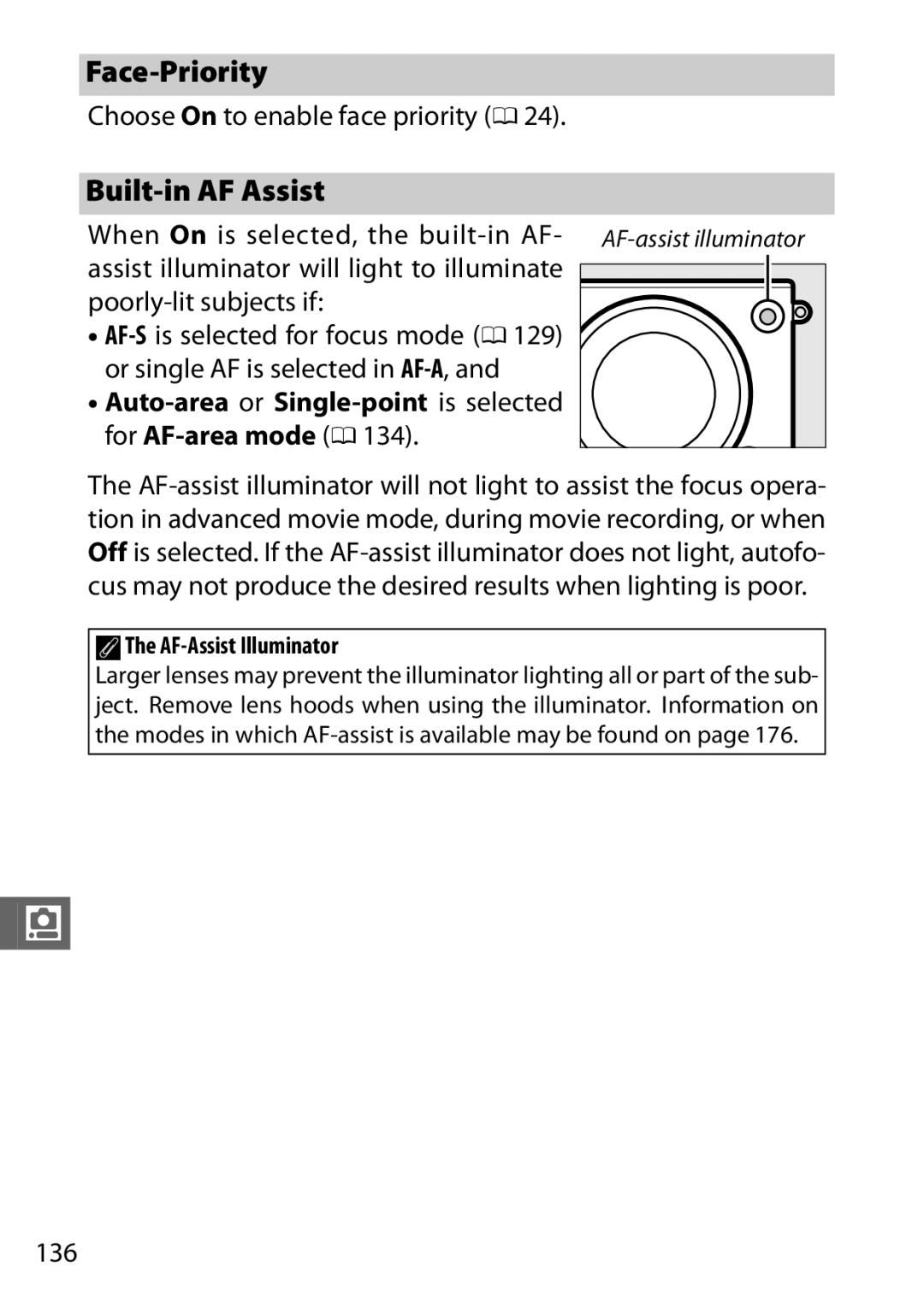 Nikon J3 White, 27658, 27649, 27638, 27637 manual Face-Priority, Built-in AF Assist, Choose On to enable face priority 0, 136 