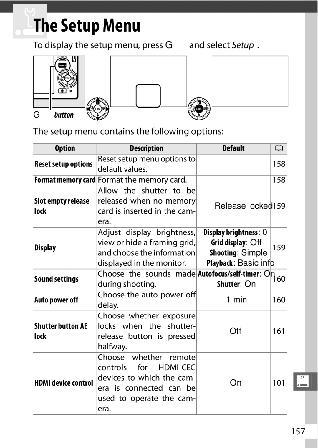 Nikon 27638, J3 To display the setup menu, press G and select Setup, Setup menu contains the following options, 157, Lock 