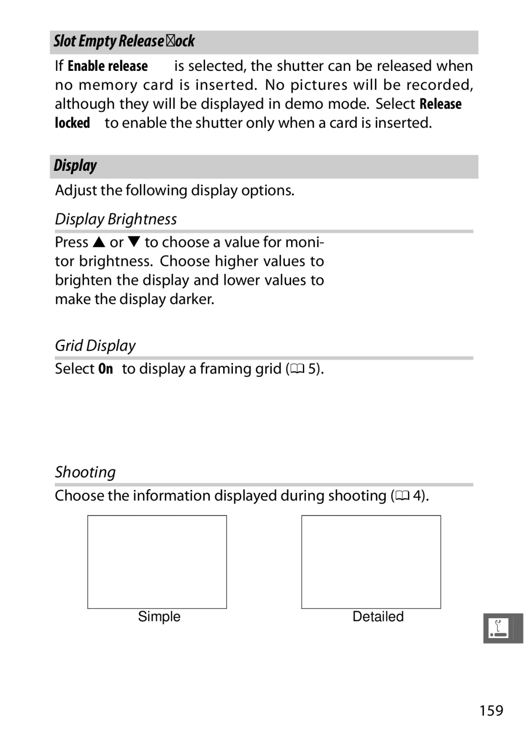 Nikon J3 White, 27658, 27649, 27638, 27637 manual Slot Empty Release Lock, Display Brightness, Grid Display, Shooting 