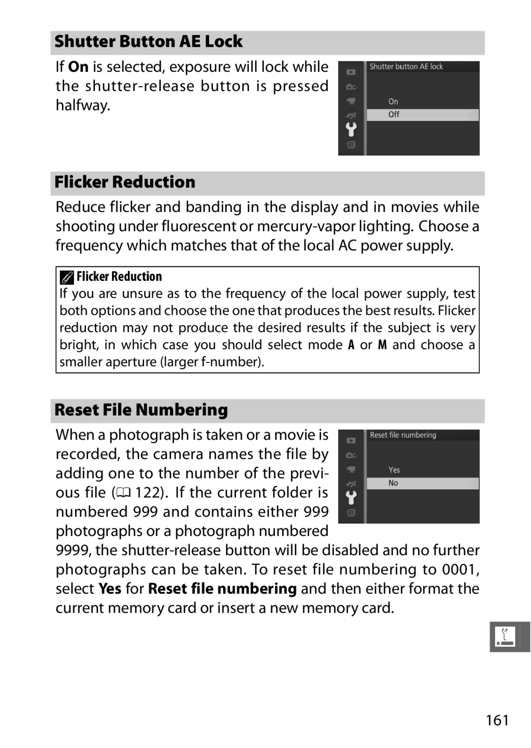 Nikon 27658, J3 White, 27649, 27638, 27637 manual Shutter Button AE Lock, Reset File Numbering, 161, AFlicker Reduction 