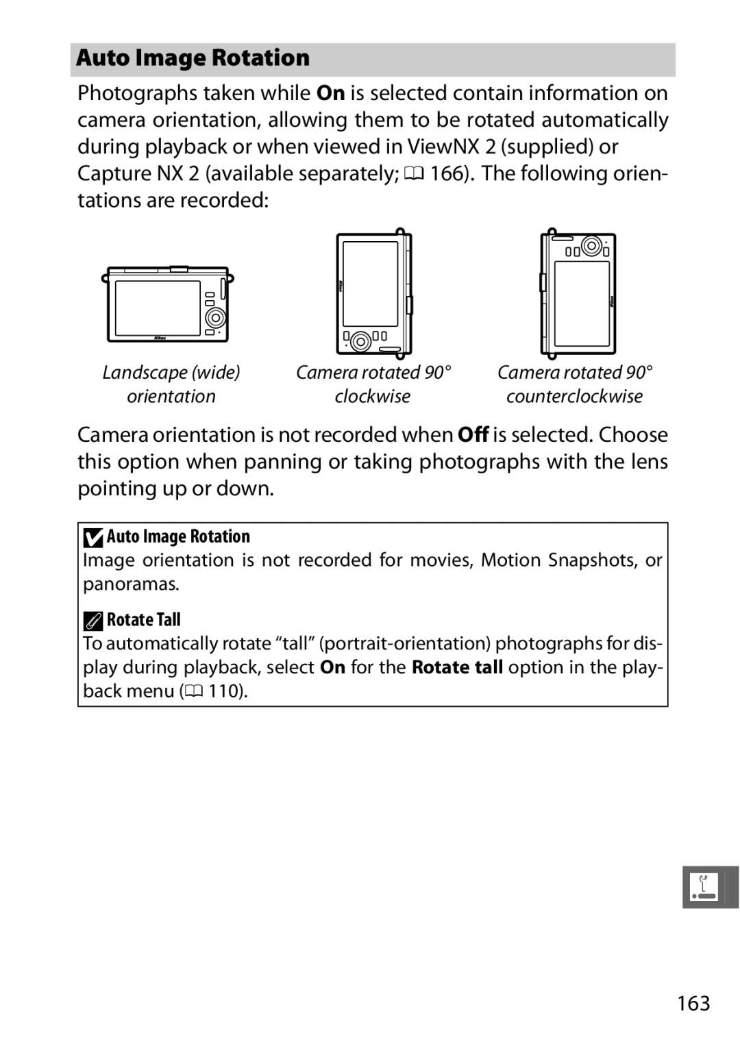 Nikon 27638, J3 White, 27658, 27649, 27637 manual 163, DAuto Image Rotation, ARotate Tall 