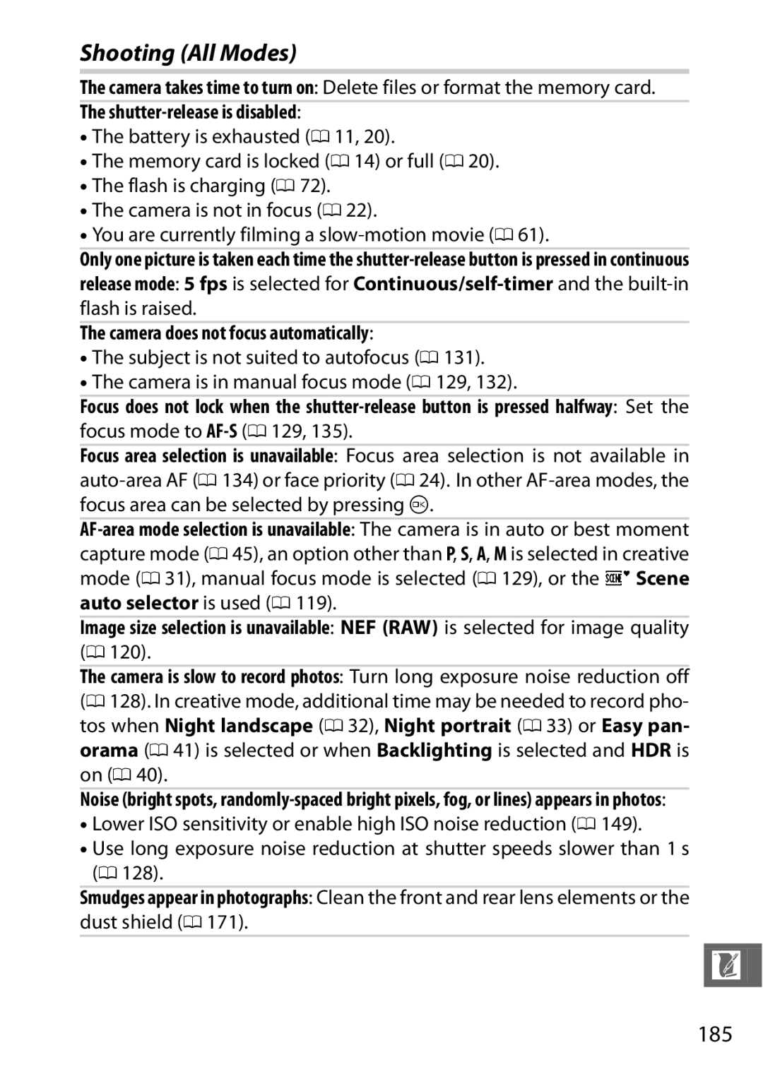 Nikon 27658, J3 White, 27649, 27638 Shooting All Modes, Shutter-release is disabled, Camera does not focus automatically 