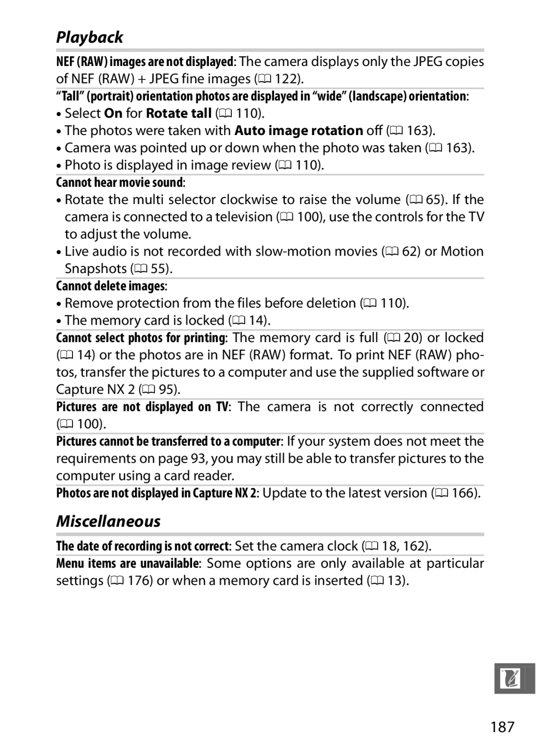 Nikon 27638, J3 White, 27658, 27649, 27637 manual Miscellaneous, Cannot hear movie sound, Cannot delete images 