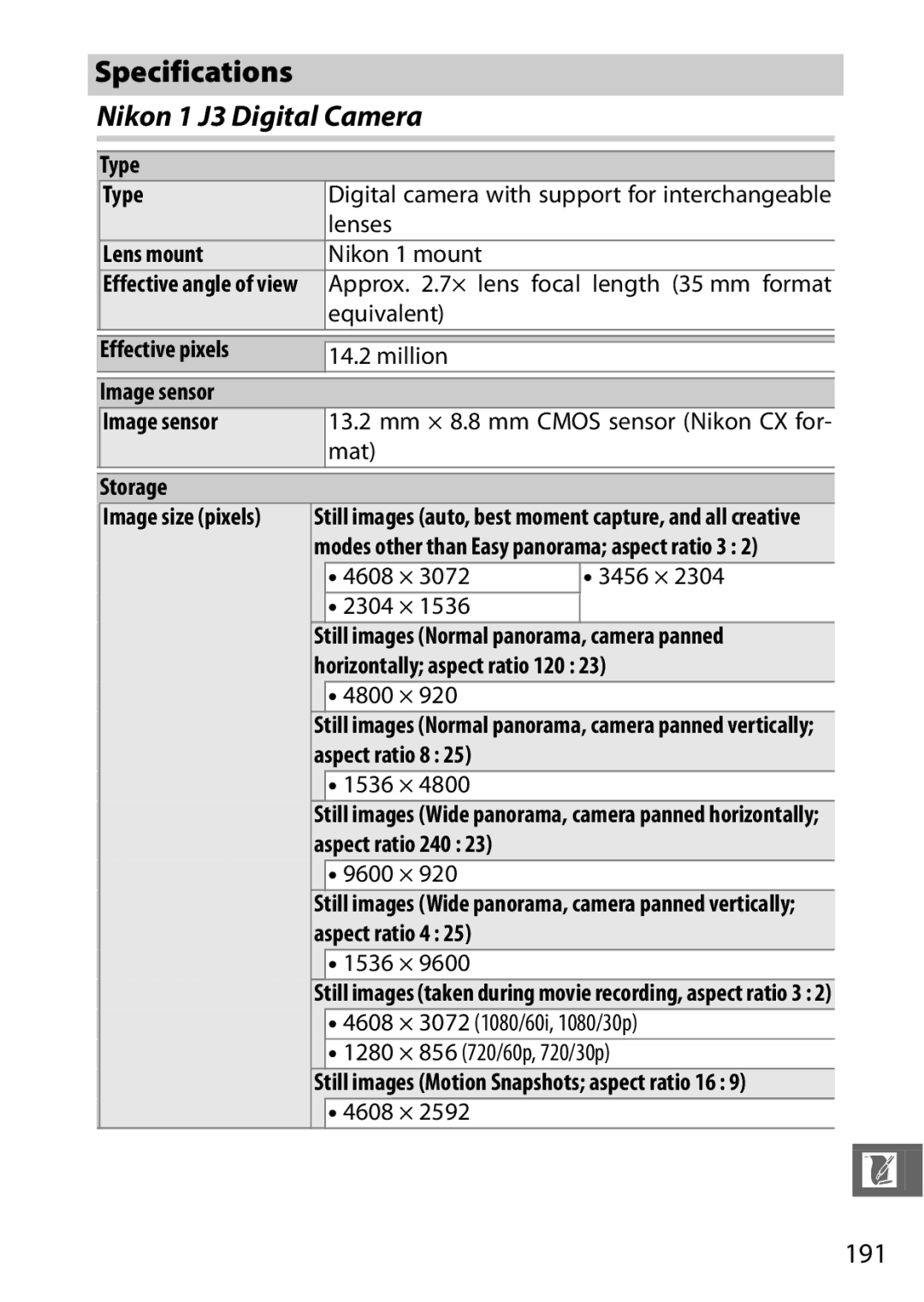 Nikon 27658, J3 White, 27649, 27638, 27637 manual Specifications, Nikon 1 J3 Digital Camera 