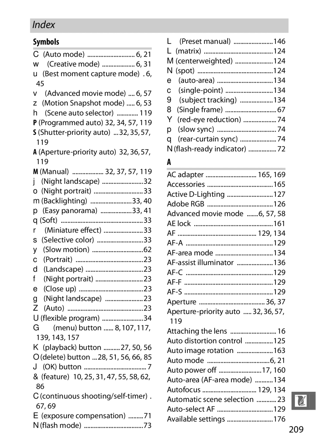 Nikon 27658, J3 White, 27649, 27638, 27637 manual Index, 209, Symbols 