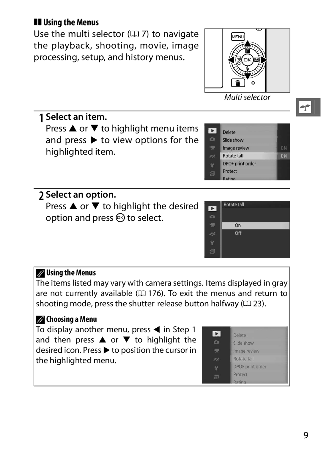 Nikon J3 White, 27658, 27649, 27638, 27637 manual Select an item, Select an option, AUsing the Menus, AChoosing a Menu 