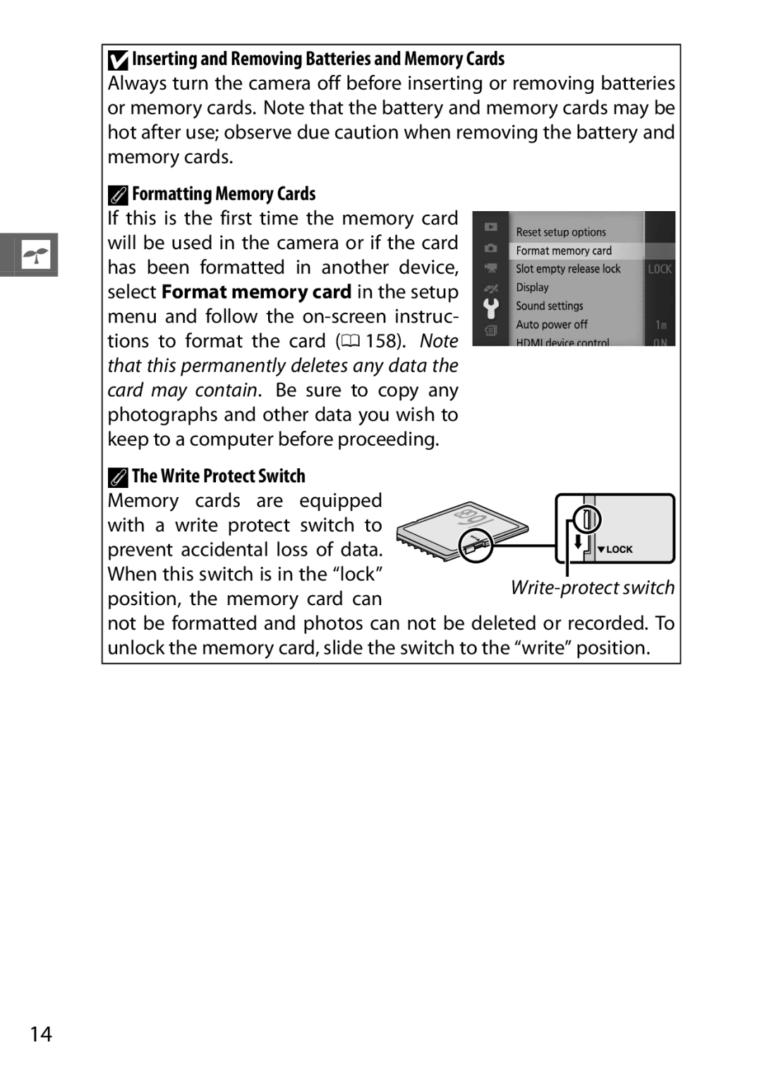 Nikon 27637 DInserting and Removing Batteries and Memory Cards, AFormatting Memory Cards, Position, the memory card can 